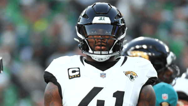 Nov 3, 2024; Philadelphia, Pennsylvania, USA; Jacksonville Jaguars defensive end Josh Hines-Allen (41) against the Philadelphia Eagles at Lincoln Financial Field. Mandatory Credit: Eric Hartline-Imagn Images
