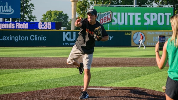 A Mountain Dew banner hang's over the head of the pride of Bullitt County, Shannon the Dude, as he tosses a first pitch at the Lexington Legends game (via Mario Maitland).