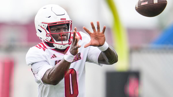 Louisville Cardinals' senior wide receiver Chris Bell (0) during a recent practice on August 4, 2025 before the start of the 2025 football season. In 2024, Bell had 43 receptions for 737 yards with four touchdowns. He averaged 17.1 yards per catch.