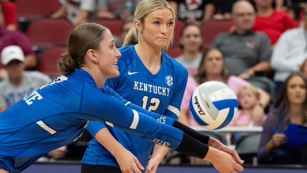 Brooklyn DeLeye (17) digs a ball during a Kentucky volleyball game at the Yum Center, via