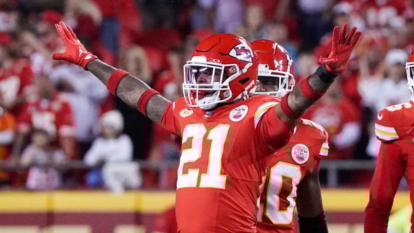 Oct 12, 2023; Kansas City, Missouri, USA; Kansas City Chiefs safety Mike Edwards (21) celebrates after a play against the Denver Broncos during the game at GEHA Field at Arrowhead Stadium. Mandatory Credit: Denny Medley-Imagn Images