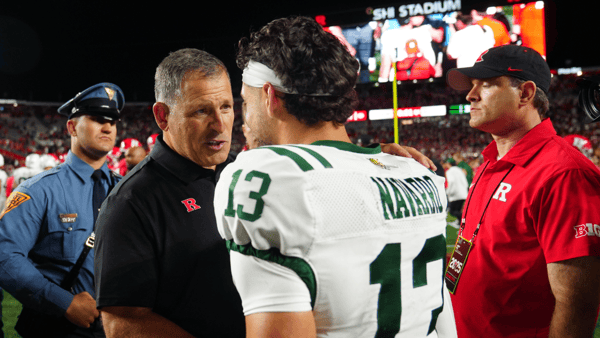 Rutgers University Football Head Coach, Greg Schiano congratulates, Ohio Bobcats quarterback Parker Navarro (13) on a good game, Thursday, August 28, 2025. (© Kevin R. Wexler-NorthJersey.com / USA TODAY NETWORK via Imagn Images)