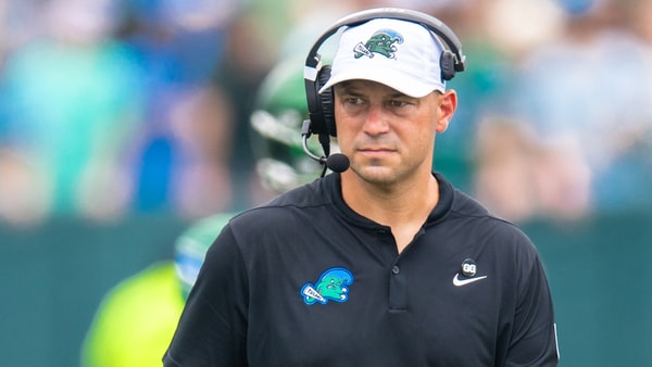 Aug 30, 2025; New Orleans, Louisiana, USA; Tulane Green Wave head coach Jon Sumrall looks on against Northwestern Wildcats during the first half at Yulman Stadium. Mandatory Credit: Stephen Lew-Imagn Images