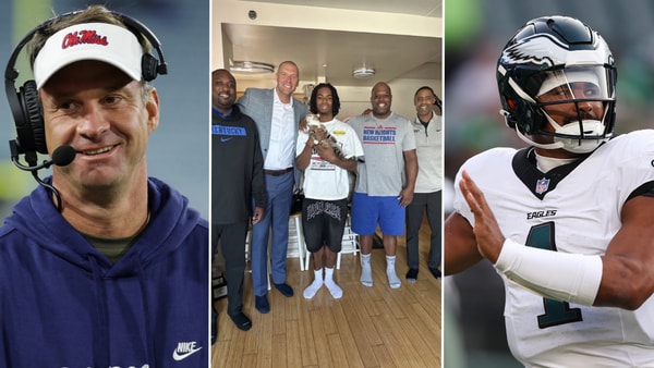 Photos of Lane Kiffin (left) and Jalen Hurts (right) via Imagn Images