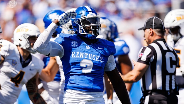 Aug 30, 2025; Lexington, Kentucky, USA; Kentucky Wildcats linebacker Alex Afari Jr. (3) reacts after a defensive play during the third quarter against the Toledo Rockets at Kroger Field. Mandatory Credit: Jordan Prather-Imagn Images