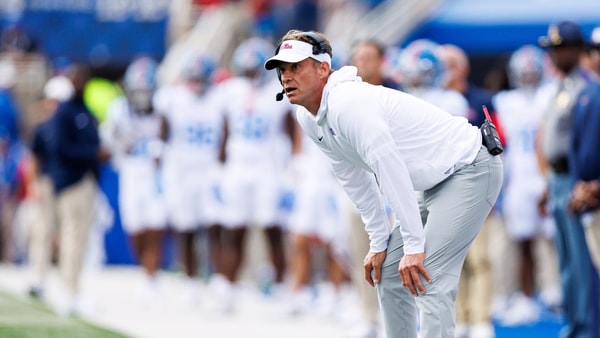 Sep 6, 2025; Lexington, Kentucky, USA; Mississippi Rebels head coach Lane Kiffin looks on during the second quarter against the Kentucky Wildcats at Kroger Field. Mandatory Credit: Jordan Prather-Imagn Images