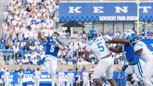 Kentucky Wildcats quarterback Zach Calzada (5) launched the ball downfield as the Kentucky Wildcats faced off against the Ole Miss Rebels at Kroger Field in Lexington, Kentucky on Saturday, September 6, 2025. Ole Miss defeated Kentucky, 30-23. (© Jeff Faughender/Courier Journal / USA TODAY NETWORK via Imagn Images)