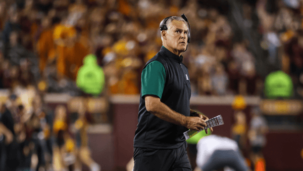 Sep 9, 2023; Minneapolis, Minnesota, USA; Eastern Michigan Eagles head coach Chris Creighton looks on during the third quarter against the Minnesota Golden Gophers at Huntington Bank Stadium. Mandatory Credit: Matt Krohn-Imagn Images