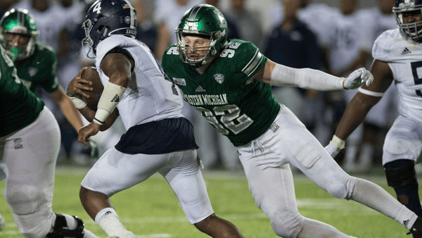 Maxx Crosby suits up for Eastern Michigan in 2018, via Jake Crandall: Advertiser : USA TODAY NETWORK via Imagn Images
