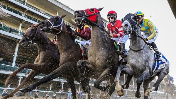 Horses race in front of empty grandstands at the 2020 Kentucky Derby, via Michael Clevenger:Courier Journal via Imagn Content Services, LLC