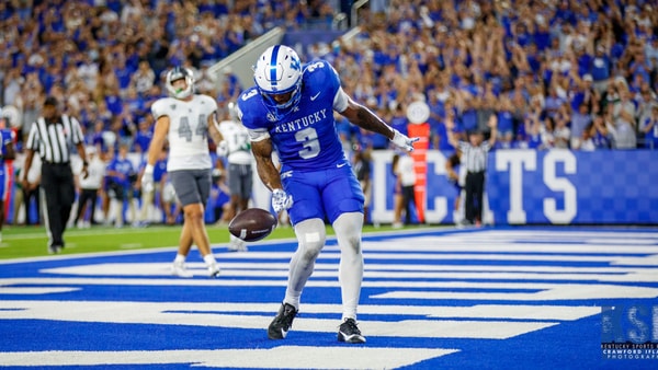 Kentucky running back Seth McGowan celebrates a touchdown vs. Eastern Michigan at Kroger Field on Saturday, September 13, 2025 in Lexington, Kentucky. Photo by Crawford Ifland, Kentucky Sports Radio.