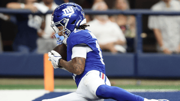 Giants wide receiver Wan'Dale Robinson catches the go-ahead touchdown against the Cowboys, via Kevin Jairaj-Imagn Images