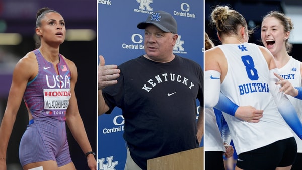 Photo of Sydney McLaughlin-Levrone (left) via Imagn Images, photo of Mark Stoops (middle) via Cats Illustrated, photo of Brooklyn DeLeye via UK Athletics