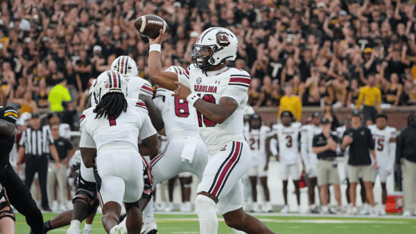 Sep 20, 2025; Columbia, Missouri, USA; South Carolina Gamecocks quarterback LaNorris Sellers (16) throws a pass against the Missouri Tigers during the first half of the game at Faurot Field at Memorial Stadium. Mandatory Credit: Denny Medley-Imagn Images