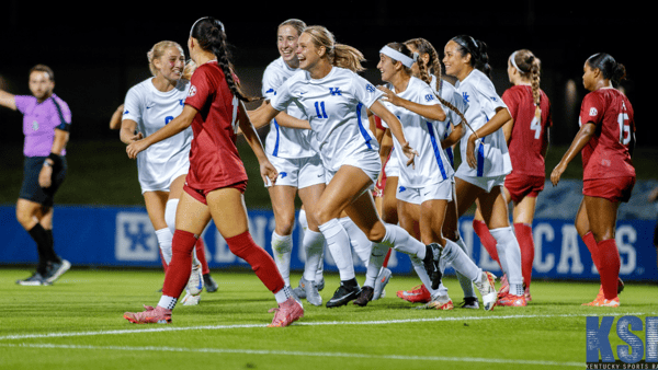 Kentucky defender Katherine Truitt celebrates a goal vs. Alabama, via Crawford Ifland, KSR