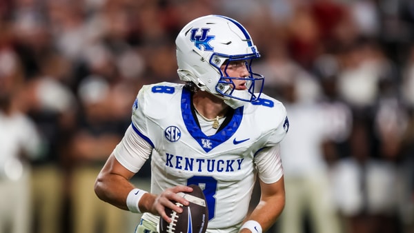 Sep 27, 2025; Columbia, South Carolina, USA; Kentucky Wildcats quarterback Cutter Boley (8) looks to pass against the South Carolina Gamecocks in the second quarter at Williams-Brice Stadium. Mandatory Credit: Jeff Blake-Imagn Images