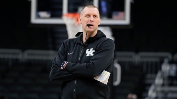 Mar 20, 2025; Milwaukee, WI, USA; Kentucky Wildcats head coach Mark Pope looks on during NCAA Tournament First Round Practice at Fiserv Forum. Mandatory Credit: Jeff Hanisch-Imagn Images
