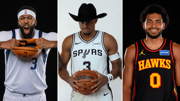 2025 Media Day photos of Anthony Davis (left), Keldon Johnson (middle), and Jacob Toppin via Imagn Images