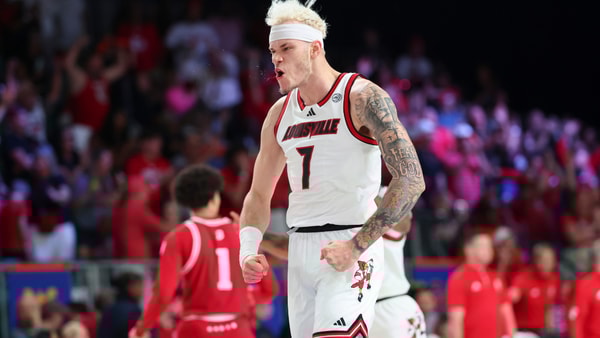 Nov 27, 2024; Paradise Island, Bahamas, BHS; Louisville Cardinals forward Kasean Pryor (7) reacts after dunking during the second half against the Indiana Hoosiers at the Atlantis Resort. Mandatory Credit: Kevin Jairaj-Imagn Images