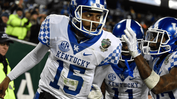 Kentucky QB Stephen Johnson rocked the blue helmet with blue pants and white jerseys in the 2017 Music City Bowl