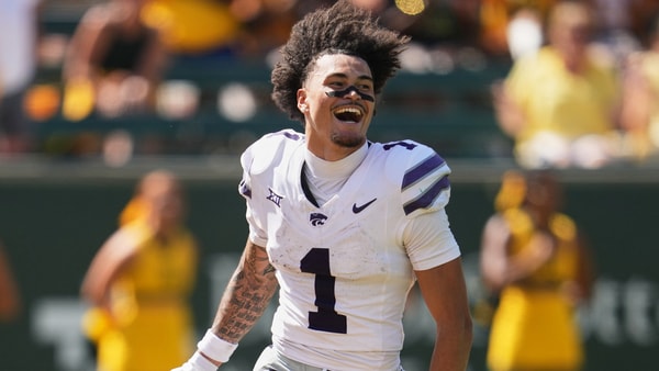 Oct 4, 2025; Waco, Texas, USA; Kansas State Wildcats wide receiver Jayce Brown (1) reacts after making a catch without his helmet against the Baylor Bears during the second half at McLane Stadium. Mandatory Credit: Chris Jones-Imagn Images