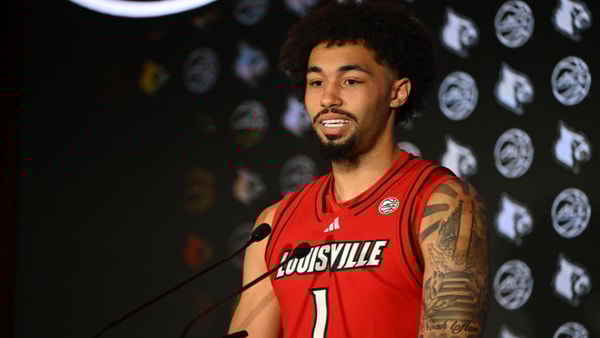 Oct 8, 2025; Charlotte, NC, USA; Louisville player J'Vonne Hadley answers questions from the media at The Hilton Charlotte Uptown. Mandatory Credit: William Howard-Imagn Images