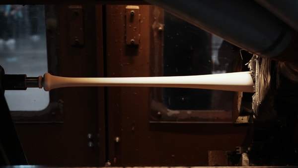 A bat billet is formed into a torpedo bat inside a baseball bat lathe at the Louisville Slugger Museum & Factory in Louisville, Ky. on Mar. 31, 2025 - Sam Upshaw Jr./Courier Journal / USA TODAY NETWORK via Imagn Images