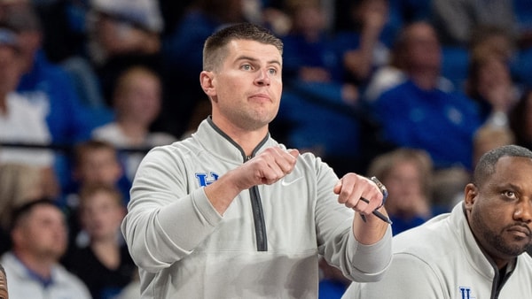 Kentucky Wildcats assistant coach Cody Fueger calls out to the team during the Kentucky Blue-White preseason event on Friday, Oct. 18, 2024 at the Memorial Coliseum. © Clare Grant/Courier Journal / USA TODAY NETWORK via Imagn Images