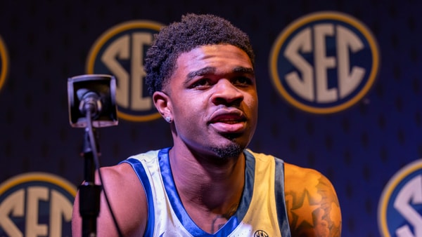Oct 14, 2025; Birmingham, AL, USA; Kentucky Wildcats guard Otega Oweh talks with the media during SEC Media Days at Grand Bohemian Hotel. Mandatory Credit: Vasha Hunt-Imagn Images
