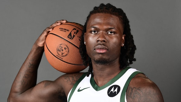 Sep 29, 2025; Milwaukee, WI, USA; Milwaukee Bucks forward Chris Livingston (24) poses for a picture during Milwaukee Bucks Media Day at the Fiserv Forum. Mandatory Credit: Benny Sieu-Imagn Images