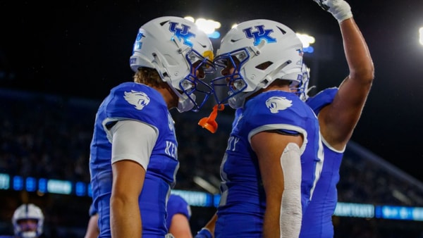 Cutter Boley and Willie Rodriguez celebrate a Kentucky touchdown at Kroger Field, via Crawford Ifland, KSR