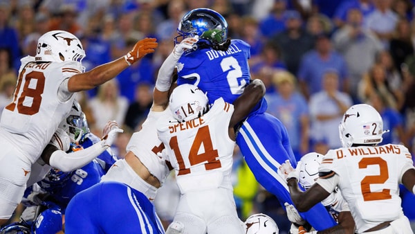 Oct 18, 2025; Lexington, Kentucky, USA; Kentucky Wildcats running back Dante Dowdell (2) attempts to score a touchdown but comes up short in overtime against the Texas Longhorns at Kroger Field. Mandatory Credit: Jordan Prather-Imagn Images