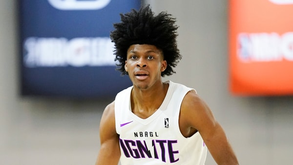 Dec 22, 2022; Las Vegas, NV, USA; NBA G League Ignite guard London Johnson (2) dribbles the ball during the first half against the Greensboro Swarm at Mandalay Bay Convention Center. Mandatory Credit: Lucas Peltier-Imagn Images