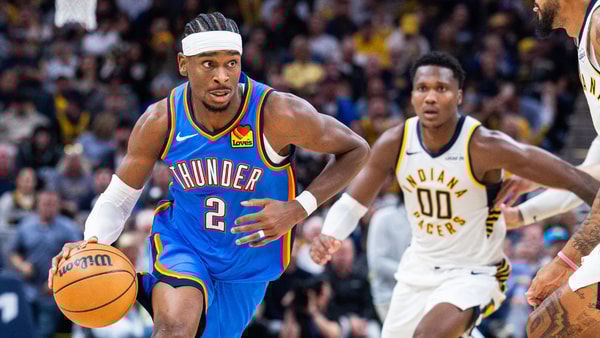 Oct 23, 2025; Indianapolis, Indiana, USA; Oklahoma City Thunder guard Shai Gilgeous-Alexander (2) dribbles the ball while Indiana Pacers guard Bennedict Mathurin (00) defends in the second half at Gainbridge Fieldhouse. Mandatory Credit: Trevor Ruszkowski-Imagn Images