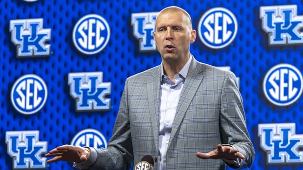 Oct 14, 2025; Birmingham, AL, USA; Kentucky Wildcats head coach Mark Pope talks with the media during SEC Media Days at Grand Bohemian Hotel. Mandatory Credit: Vasha Hunt-Imagn Images