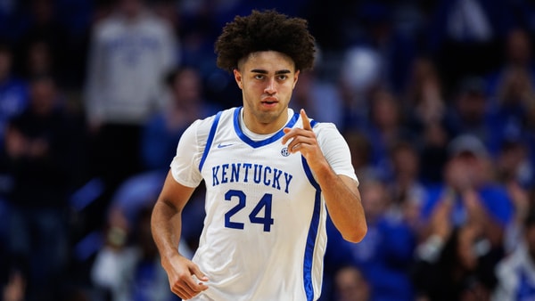 Oct 24, 2025; Lexington, KY, USA; Kentucky Wildcats center Malachi Moreno (24) reacts after scoring a basket during the first half against the Purdue Boilermakers at Rupp Arena at Central Bank Center. Mandatory Credit: Jordan Prather-Imagn Images