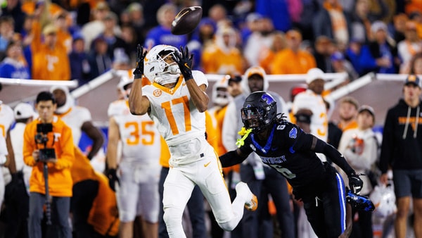Oct 25, 2025; Lexington, Kentucky, USA; Tennessee Volunteers wide receiver Chris Brazzell II (17) catches a pass during the third quarter against the Kentucky Wildcats at Kroger Field. Mandatory Credit: Jordan Prather-Imagn Images