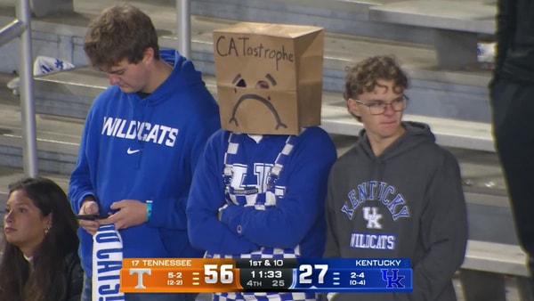 Kentucky football fan with a bag over his head at Kroger Field (Photo via ESPN College Football on X)