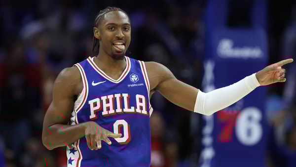 Oct 27, 2025; Philadelphia, Pennsylvania, USA; Philadelphia 76ers guard Tyrese Maxey (0) reacts after scoring against the Orlando Magic during the fourth quarter at Xfinity Mobile Arena. Mandatory Credit: Bill Streicher-Imagn Images