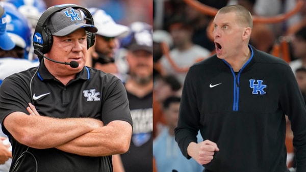 Kentucky coaches Mark SToops and Mark Pope, via Dale Zanine, Scott Wachter, Imagn Images