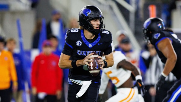 Oct 25, 2025; Lexington, Kentucky, USA; Kentucky Wildcats quarterback Cutter Boley (8) looks down the field during the first quarter against the Tennessee Volunteers at Kroger Field. Mandatory Credit: Jordan Prather-Imagn Images