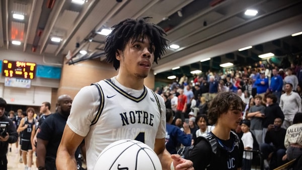 Jan 4, 2025; Gilbert, AZ, USA; Notre Dame High School (CA) forward Tyran Stokes (4) against Sandra Day O'Connor (AZ) during the Hoophall West High School Invitational at Highland High School. Mandatory Credit: Mark J. Rebilas-Imagn Images