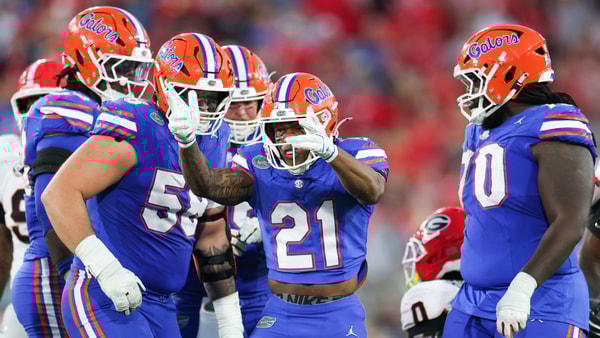 Nov 1, 2025; Jacksonville, Florida, USA; Florida Gators running back KD Daniels (21) celebrates a play in the second half against the Georgia Bulldogs at EverBank Stadium. Mandatory Credit: Matt Pendleton-Imagn Images