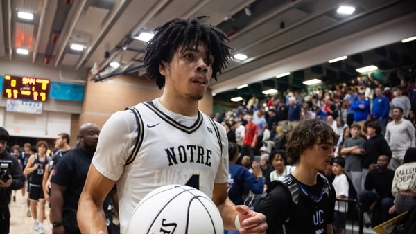Jan 4, 2025; Gilbert, AZ, USA; Notre Dame High School (CA) forward Tyran Stokes (4) against Sandra Day O'Connor (AZ) during the Hoophall West High School Invitational at Highland High School. Mandatory Credit: Mark J. Rebilas-Imagn Images