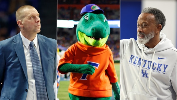Photos of Mark Pope, Florida mascot, and Kenny Brooks via KSR and Imagn Images