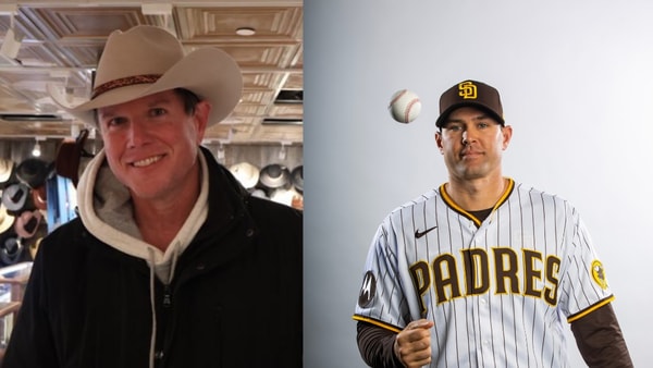 Left: KSR's Matt Jones and Right: Feb 23, 2023; Peoria, AZ, USA; San Diego Padres pitcher Craig Stammen poses for a portrait during photo day at Peoria Sports Complex. Mandatory Credit: Mark J. Rebilas-Imagn Images