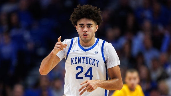 Nov 7, 2025; Lexington, Kentucky, USA; Kentucky Wildcats center Malachi Moreno (24) celebrates after making a basket during the first half against the Valparaiso Beacons at Rupp Arena at Central Bank Center. Mandatory Credit: Jordan Prather-Imagn Images