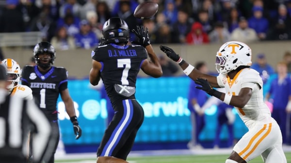 Kentucky wide receiver DJ Miller catches a pass during the Tennessee game on 10:25:2025 - Dr. Michael Huang, Kentucky Sports Radio:On3