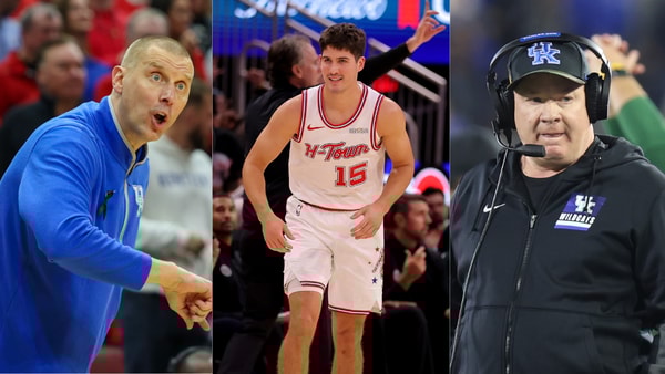 Photos of Mark Pope (left), Reed Sheppard (middle), and Mark Stoops via KSR and Imagn Images