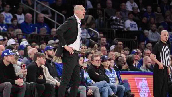 Dec 21, 2024; New York, New York, USA; Kentucky Wildcats head coach Mark Pope reacts during the first half against the Ohio State Buckeyes at Madison Square Garden. Mandatory Credit: John Jones-Imagn Images